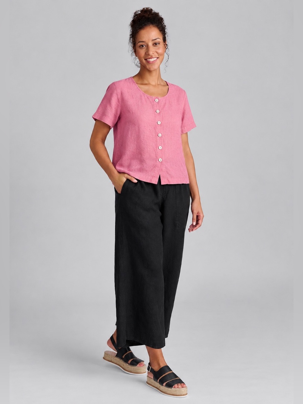 FLAX 100% Linen Button Front Top Pink Textured Short Sleeve Women Size S